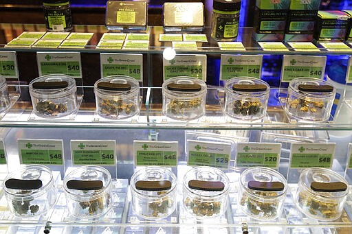 Various marijuana buds for sale are displayed at The Green Cross cannabis dispensary in San Francisco, Wednesday, March 18, 2020. As about 7 million people in the San Francisco Bay Area are under shelter-in-place orders, only allowed to leave their homes for crucial needs in an attempt to slow virus spread, marijuana stores remain open and are being considered &quot;essential services.&quot; (AP Photo/Jeff Chiu)