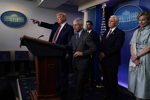 President Donald Trump points towards the media during a coronavirus task force briefing at the White House, Friday, March 20, 2020, in Washington. (AP Photo/Evan Vucci)
