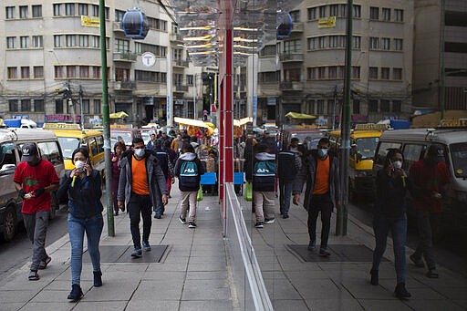 People wear face masks as a preventative measure against the spread of the new coronavirus in La Paz, Bolivia, Friday, March 20, 2020. (AP Photo/Juan Karita