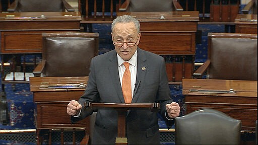 In this image from video, Senate Minority Leader Chuck Schumer, D-N.Y., speaks on the Senate floor at the U.S. Capitol in Washington, Saturday, March 21, 2020. (Senate Television via AP)