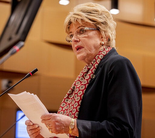 FILE - In this March 18, 2020 file photo Las Vegas Mayor Carolyn Goodman delivers a public statement during a public meeting at the Las Vegas City Hall Council Chambers, in Las Vegas. Goodwin is bucking closures as the new coronavirus outbreak spreads, calling for Nevada's governor to cut in half his order shutting the state's casinos for at least 30 days. Gov. Steve Sisolak responded strongly Friday, March 20, 2020, without naming Goodman. He said elected officials have to understand the severity of the situation and become part of the solution. (Elizabeth Page Brumley/Las Vegas Review-Journal via AP,File)