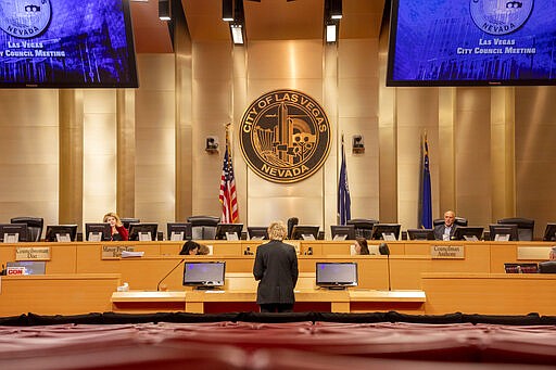 Las Vegas Mayor Carolyn Goodman delivers a public statement during a public meeting at the Las Vegas City Hall Council Chambers, in Las Vegas on Wednesday, March 18, 2020. (Elizabeth Page Brumley/Las Vegas Review-Journal via AP)