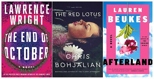 This combination of photos shows, from left, &quot;The End of October,&quot; by Lawrence Wright, &quot;The Red Lotus,&quot; by Chris Bohjalian and &quot;Afterland&quot; by Lauren Beukes. Novels coming out now and written before the coronavirus pandemic use plagues to explore everything from gender roles to our own failure to anticipate the worst. (Knopf, from left, Doubleday, Mulholland Books via AP)