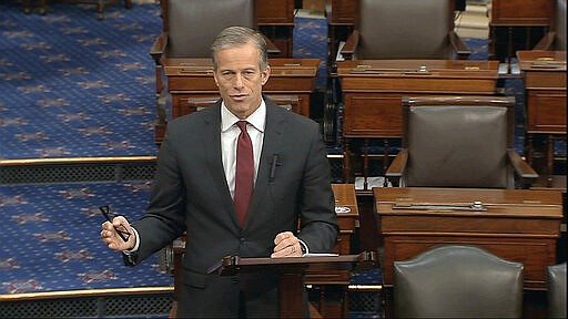 In this image from video, Sen. John Thune, R-S.D., speaks on the Senate floor at the U.S. Capitol in Washington, Sunday, March 22, 2020. (Senate Television via AP)