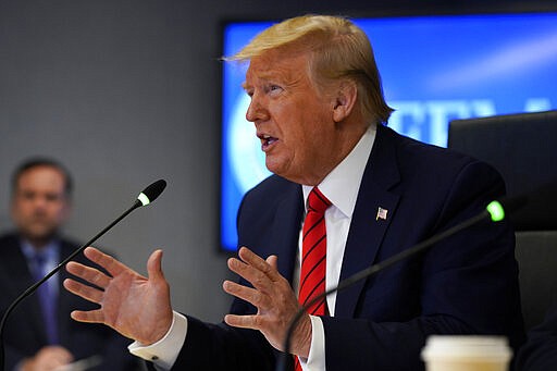 President Donald Trump speaks during a teleconference with governors at the Federal Emergency Management Agency headquarters, Thursday, March 19, 2020, in Washington. (AP Photo/Evan Vucci, Pool)