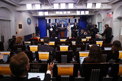 President Donald Trump speaks about the coronavirus in the James Brady Briefing Room, Monday, March 23, 2020, in Washington. (AP Photo/Alex Brandon)