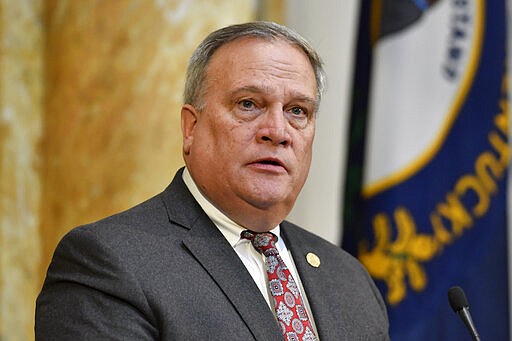 FILE - In a  Jan. 7, 2020 file photo, Kentucky Senate President Robert Stivers, R-Manchester, calls the Senate to order during he opening day of the Ky. State Legislature in Frankfort, Ky. House Speaker David Osborne and Senate President Robert Stivers warned that a contracting economy due to efforts to contain the virus' spread will hurt tax revenue collections. (AP Photo/Timothy D. Easley, File)