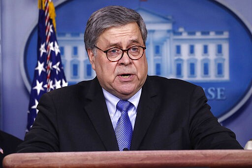 Attorney General William Barr speaks about the coronavirus in the James Brady Briefing Room, Monday, March 23, 2020, in Washington. (AP Photo/Alex Brandon)