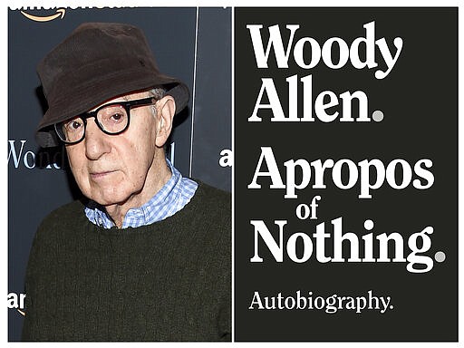 This combination photo shows director Woody Allen at a special screening of &quot;Wonder Wheel&quot; in New York on Nov. 14, 2017, left, and a cover image for  &quot;Apropos of Nothing,&quot; Allen's autobiography. Allen's memoir has been released with a new publisher. It was dropped last month after widespread criticism. But it came out Monday by Arcade Publishing with little advance notice. (AP Photo, left, Arcade Publishing via AP)