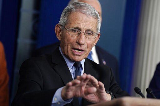 Dr. Anthony Fauci, director of the National Institute of Allergy and Infectious Diseases, speak during a press briefing with the coronavirus task force, at the White House, Tuesday, March 17, 2020, in Washington. (AP Photo/Evan Vucci)