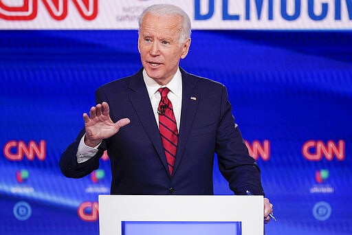 Former Vice President Joe Biden, participates in a Democratic presidential primary debate at CNN Studios in Washington, Sunday, March 15, 2020. (AP Photo/Evan Vucci)