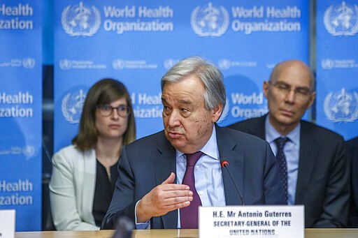 FILE - In this Feb. 24, 2020, file photo, U.N. Secretary-General Antonio Guterres speaks during an update on the situation regarding the COVID-19 at the World Health Organization (WHO) headquarters in Geneva, Switzerland. Communist guerrillas in the Philippines said Wednesday, March 25, 2020, they would observe a ceasefire in compliance with the U.N. chief Guterres' call for a global halt in armed clashes during the coronavirus pandemic. (Salvatore Di Nolfi/Keystone via AP)