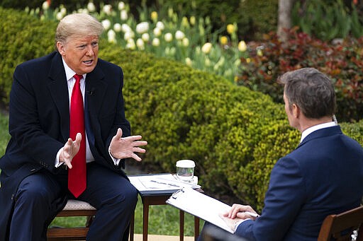 President Donald Trump talks with host Bill Hemmer during a Fox News virtual town hall with members of the coronavirus task force, in the Rose Garden at the White House, Tuesday, March 24, 2020, in Washington. (AP Photo/Evan Vucci)