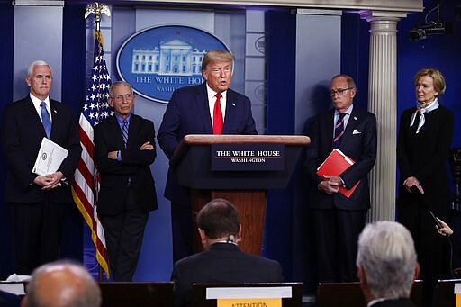 President Donald Trump speaks about the coronavirus in the James Brady Briefing Room, Tuesday, March 24, 2020, in Washington, as Vice President Mike Pence, Dr. Anthony Fauci, director of the National Institute of Allergy and Infectious Diseases, Larry Kudlow, White House chief economic adviser, and Dr. Deborah Birx, White House coronavirus response coordinator, listen. (AP Photo/Alex Brandon)