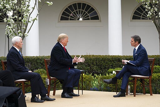 Vice President Mike Pence listens as President Donald Trump talks with host Bill Hemmer during a Fox News virtual town hall with members of the coronavirus task force, in the Rose Garden at the White House, Tuesday, March 24, 2020, in Washington. (AP Photo/Evan Vucci)