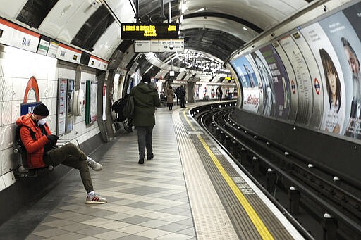 A platform of the Bank Underground tube station, that would normally be very busy with commuters in London, Tuesday, March 24, 2020.  The highly contagious COVID-19 coronavirus can cause mild symptoms, but for some it can cause severe illness including pneumonia and requiring hospital admission..(AP Photo/Alberto Pezzali)