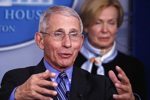 Dr. Anthony Fauci, director of the National Institute of Allergy and Infectious Diseases, speaks about the coronavirus in the James Brady Briefing Room, Tuesday, March 24, 2020, in Washington, as Dr. Deborah Birx, White House coronavirus response coordinator, listens. (AP Photo/Alex Brandon)