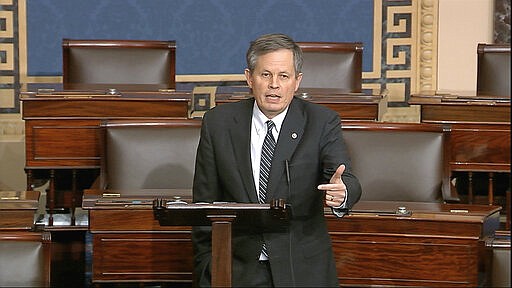 In this image from video, Sen. Steve Daines, R-Mont., speaks on the Senate floor at the U.S. Capitol in Washington, Tuesday, March 24, 2020. (Senate Television via AP)