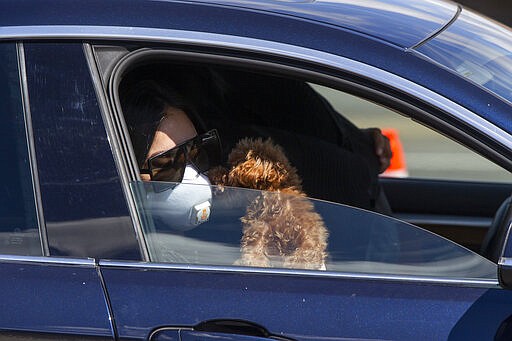 Aubrey Mondragon gets a kiss from her dog &quot;Papy,&quot; as they wait for more than hour in their vehicle lined up outside the Crenshaw Christian Center before it opens as testing site for COVID-19 in South Los Angeles Wednesday, March 25, 2020. (AP Photo/Damian Dovarganes)