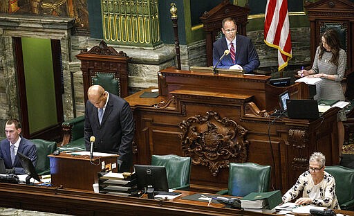 Senate President Pro Tempore Joe Scarnati, R-Jefferson County, presides over the senate, Wednesday, March 25, 2020, in Harrisburg, Pa. The state Senate is holding a session to vote on changing the primary election date, among other measures. The Senate session is the first in state history where members can meet online and vote remotely due to the coronavirus pandemic. (Dan Gleiter/The Patriot-News via AP)