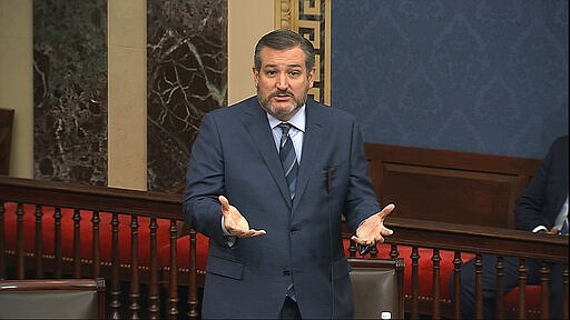 In this image from video, Sen. Ted Cruz, R-Texas, speaks on the Senate floor at the U.S. Capitol in Washington, Wednesday, March 25, 2020. (Senate Television via AP)