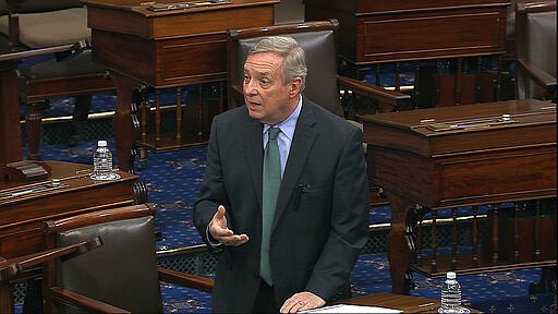 In this image from video, Sen. Dick Durbin, D-Ill., speaks on the Senate floor at the U.S. Capitol in Washington, Wednesday, March 25, 2020. (Senate Television via AP)