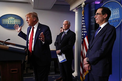 President Donald Trump speaks about the coronavirus in the James Brady Briefing Room, Wednesday, March 25, 2020, in Washington as Vice President Mike Pence and Treasury Secretary Steven Mnuchin listen. (AP Photo/Alex Brandon)