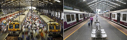 This combination photo made of two images shows a crowd on a normal day at Church Gate railway station on Feb. 11, 2013, left, and the same station seen deserted on Sunday, March 22, 2020 in Mumbai, India. As India expanded its virus-containment measures and halted its train network, the country's lifeblood, the federal government warned Monday, March 23, 2020, of strict legal action for those who flout the rules. For most people, the new coronavirus causes only mild or moderate symptoms. For some it can cause more severe illness. (AP Photo/Rafiq Maqbool)