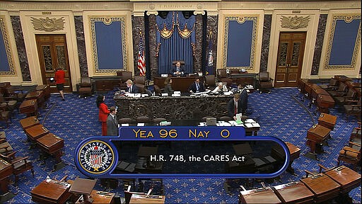 In this image from video, the final vote of 96-0 shows passage of the $2.2 trillion economic rescue package in response to coronavirus pandemic, passed by the Senate at the U.S. Capitol in Washington, Wednesday, March 25, 2020. (Senate Television via AP)