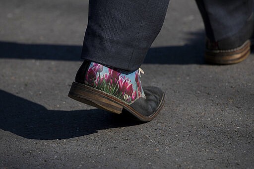 The shoes of Bart Siemerink, director of the world-renowned Dutch flower garden Keukenhof, are adorned with a design of tulips, as he walks the empty lanes of the garden in Lisse, Netherlands, Thursday, March 26, 2020. Keukenhof, which attracted 1.5 million visitors last year, will not open this year after the Dutch government extended its ban on gatherings to June 1 in an attempt to slow the spread of the coronavirus. Instead of opening, it will allow people to virtually visit its colorful floral displays through its social media and online channels. The new coronavirus causes mild or moderate symptoms for most people, but for some, especially older adults and people with existing health problems, it can cause more severe illness or death. (AP Photo/Peter Dejong)