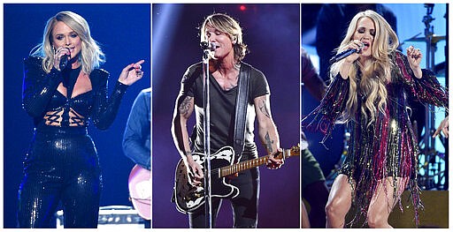 This combination photo shows country music stars, from left, Miranda Lambert, Keith Urban and Carrie Underwood, who are among  23 performers that will be featured in &#147;ACM Presents: Our Country,&#148; an at-home country music special that is airing on CBS on April 5, in lieu of their delayed Academy of Country Music awards show. (AP Photo)