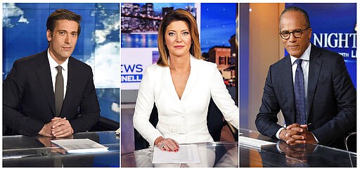 This combination photo shows network news anchors, from left,  David Muir on the set of &quot;World News Tonight with David Muir&quot; on ABC,  Norah O'Donnell, host of the new &quot;CBS Evening News with Norah O'Donnell,&quot; and Lester Holt of &quot;NBC Nightly News with Lester Holt&quot; and &quot;Dateline&quot; anchor Lester Holt. Twenty years ago the network evening news was considered on the brink of extinction. But more than 32 million people tuned into these broadcasts, along with the &#147;CBS Evening News with Norah O'Donnell,&#148; each night for a rundown of the day's coronavirus developments. (ABC, from left, CBS via AP, and AP Photo)