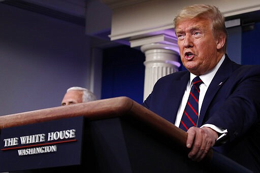 President Donald Trump speaks about the coronavirus in the James Brady Press Briefing Room, Friday, March 27, 2020, in Washington. (AP Photo/Alex Brandon)