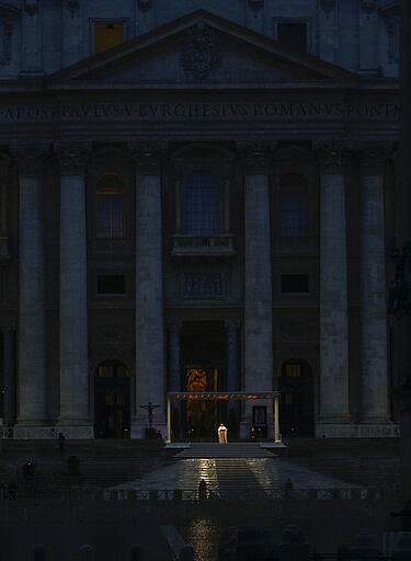 Pope Francis delivers the Urbi and Orbi prayer (Latin for To the City and To the World) in an empty St. Peter's Square, at the Vatican, Friday, March 27, 2020. Praying in a desolately empty St. Peter's Square, Pope Francis on Friday likened the coronavirus pandemic to a storm laying bare illusions that people can be self-sufficient and instead finds &quot;all of us fragile and disoriented&quot; and needing each other's help and comfort. The new coronavirus causes mild or moderate symptoms for most people, but for some, especially older adults and people with existing health problems, it can cause more severe illness or death. (AP Photo/Alessandra Tarantino)