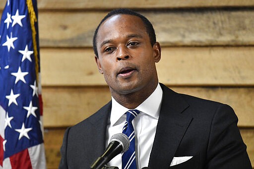 FILE - In this Nov. 25, 2019, file photo, Kentucky Attorney General-Elect Daniel Cameron addresses community members at the dedication of a Recovery Community Center in Manchester, Ky. Cameron, an anti-abortion supporter, said Friday, March 27, 2020, that abortions should cease as part of the governor's order halting elective medical procedures in the state due to the coronavirus pandemic. (AP Photo/Timothy D. Easley, File)