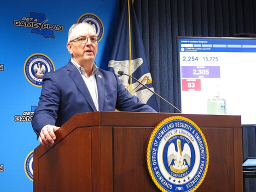 Louisiana Gov. John Bel Edwards answers questions from reporters about his state's rapid escalation of coronavirus cases, on Thursday, March 26, 2020, in Baton Rouge, La. (AP Photo/Melinda Deslatte)