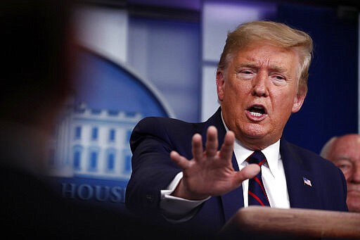 President Donald Trump speaks about the coronavirus in the James Brady Press Briefing Room, Friday, March 27, 2020, in Washington. (AP Photo/Alex Brandon)