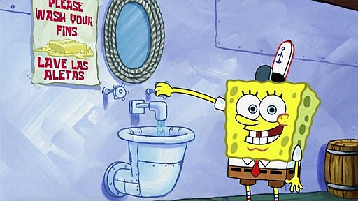 This image released by Nickelodeon shows animated character SpongeBob SquarePants demonstrating effective handwashing in a video to be shown on Nickelodeon&#146;s cable and digital platforms. Nickelodeon is airing a special with a &#147;kid&#146;s-eye view&#148; of the coronavirus pandemic to address youngsters' concerns and help families weather the crisis, the channel said Friday.  The special, also showing on TeenNick and Nicktoons, is part of the #KidsTogether initiative that launched this month and enlists familiar Nick faces to help people stay healthy and active. (Nickelodeon via AP)