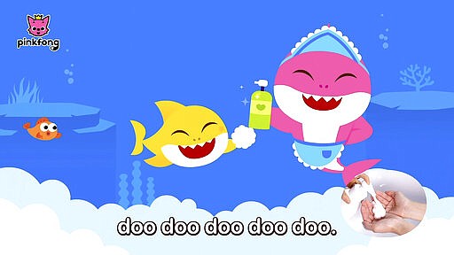 This image released by Pinkfong shows. scene from the modified &quot;Baby Shark&quot; video, reworked to teach kids good hygiene to combat COVID-19. The company has debuted the &quot;Wash Your Hands With Baby Shark&quot; video and now has started a dance challenge to encourage families to upload videos of their children washing hands to the song. (Pinkfong via AP)