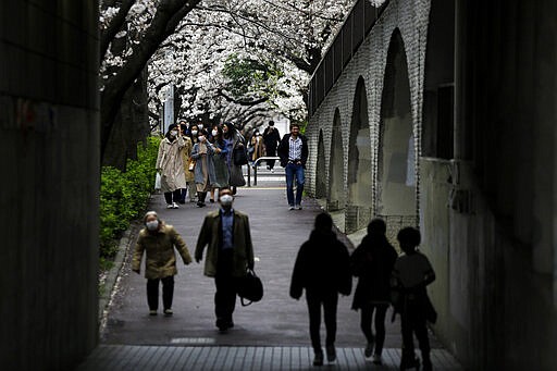 Masked people walk under cherry blossoms along the Meguro River Friday, March 27, 2020, in Tokyo. The new coronavirus causes mild or moderate symptoms for most people, but for some, especially older adults and people with existing health problems, it can cause more severe illness or death. (AP Photo/Kiichiro Sato)