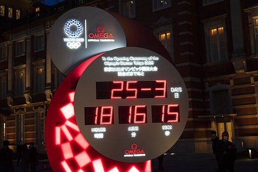 FILE - In this Wednesday, March 25, 2020, file photo, a Tokyo 2020 countdown clock displays the current date and time outside Tokyo Station in Tokyo. Things began to move quickly this week when the Tokyo Olympics were postponed until next year &#151; a decision announced by Japanese Prime Minister Shinzo Abe in a joint decision with IOC President Thomas Bach. (AP Photo/Jae C. Hong, File)