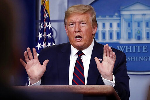 President Donald Trump speaks about the coronavirus in the James Brady Press Briefing Room, Friday, March 27, 2020, in Washington. (AP Photo/Alex Brandon)