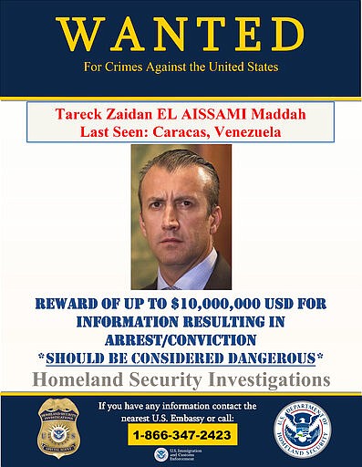 This image provided by the U.S. Department of Justice shows a wanted poster for Tareck Zaidan that was released on Thursday, March 26, 2020. The U.S. Justice Department has indicted Venezuela's socialist leader Nicol&aacute;s Maduro and several key aides on charges of narcoterrorism. (Department of Justice via AP)