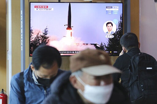 A TV screen shows a file image of North Korea's missile launch during a news program at the Seoul Railway Station in Seoul, South Korea, Sunday, March 29, 2020. North Korea on Sunday fired two suspected ballistic missiles into the sea, South Korea said, calling it &quot;very inappropriate&quot; at a time when the world is battling the coronavirus pandemic. (AP Photo/Ahn Young-joon)