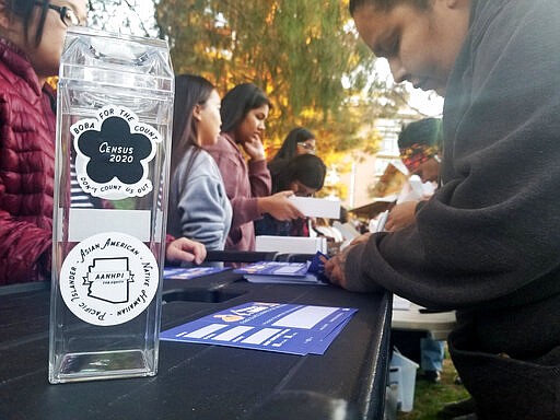 In this Jan. 3, 2020, photo, a woman fills out a pledge card for the U.S. Census in exchange for a reusable boba tea carton at a boba drink competition in Phoenix. The coronavirus has waylaid efforts to get as many people as possible to take part in the census. (AP Photo/Terry Tang)