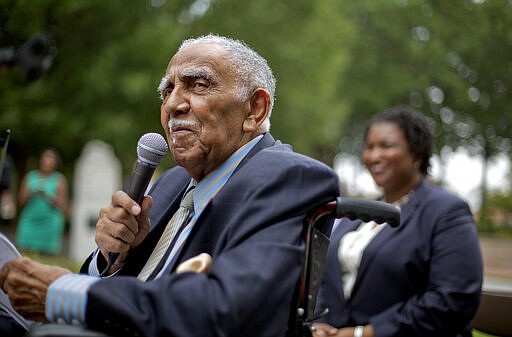 FILE - In this Aug. 14, 2013, file photo, civil rights leader the Rev. Joseph E. Lowery speaks at an event in Atlanta announcing state lawmakers from around the county have formed an alliance they say will combat restrictive voting laws, Lowery, a veteran civil rights leader who helped the Rev. Dr. Martin Luther King Jr. found the Southern Christian Leadership Conference and fought against racial discrimination, died Friday, March 27, 2020, a family statement said. He was 98. (AP Photo/David Goldman, File)