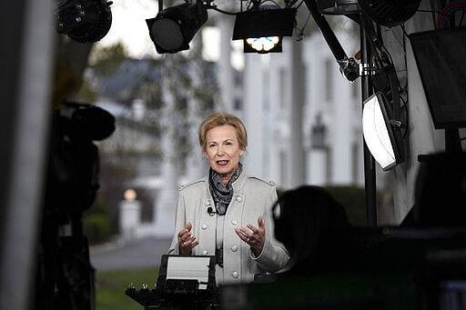 FILE - In this March 19, 2020, file photo Dr. Deborah Birx, White House coronavirus response coordinator, talks during a television interview about the coronavirus at the White House in Washington. Birx has emerged as one of the most important voices in the administration&#146;s response to the coronavirus pandemic, spelling out the implications of the virus in personal terms while attempting to reassure Americans that it is centering its response to the pandemic with a data-driven mindset. (AP Photo/Alex Brandon, File)