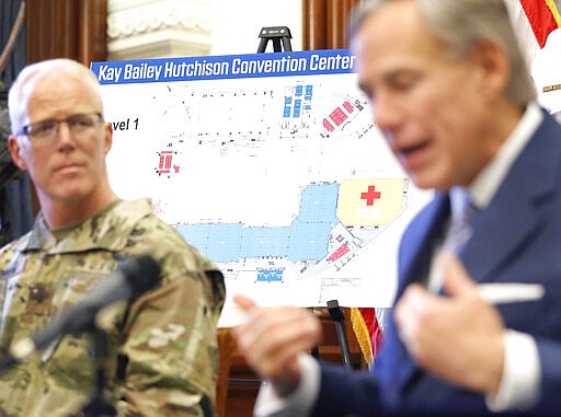 Texas Governor Greg Abbott (right) announced the US Army Corps of Engineers and the state are putting up a 250-bed field hospital at the Kay Bailey Hutchison Convention Center (see on this map) in downtown Dallas during a press conference with U.S. Army Corps of Engineers Brigadier General Paul Owen (left) at the Texas State Capitol in Austin, Sunday, March 29, 2020. The space can expanded to 1,400 beds. (Tom Fox/The Dallas Morning News via AP, Pool)