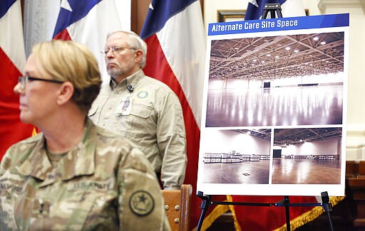 Photos of the Kay Bailey Hutchison Convention Center is pictured as Texas Governor Greg Abbott (not pictured) announced the US Army Corps of Engineers and the state are putting up a 250-bed field hospital there in downtown Dallas during a press conference at the Texas State Capitol in Austin, Sunday, March 29, 2020. For the COVID-19 update and announcement, the Governor was joined by Texas Military Department General Tracy Norris (foreground) and Texas Department of State Health Services Commissioner John Hellerstedt, MD. (Tom Fox/The Dallas Morning News via AP, Pool)