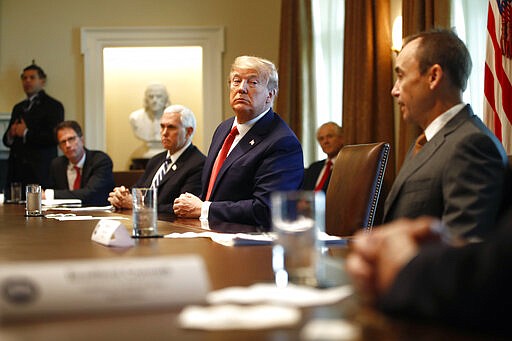 President Donald Trump listens during a meeting with supply chain distributors in the Cabinet Room of the White House, Sunday, March 29, 2020, in Washington. (AP Photo/Patrick Semansky)